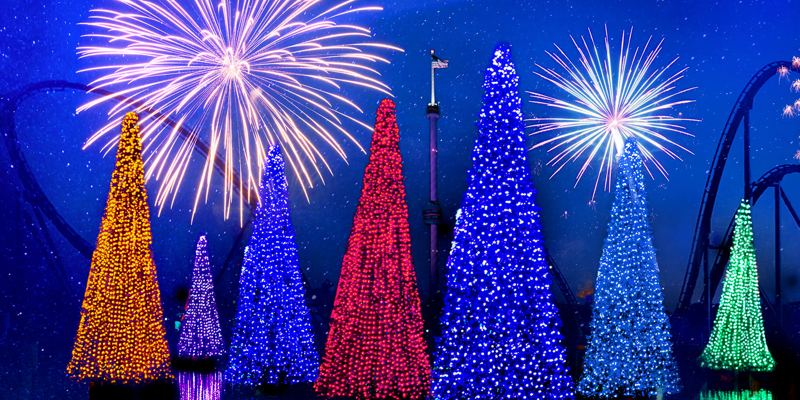 Glowing holiday trees with fireworks above